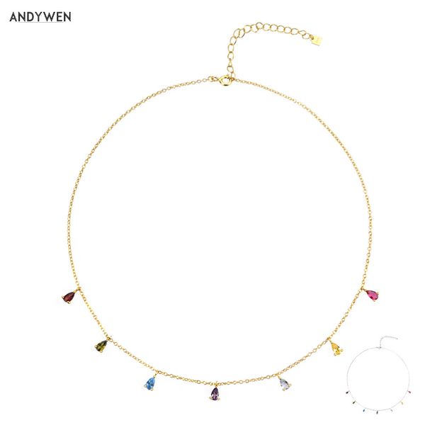 ANDYWEN 925 Sterling Silver Seven Zircon Charms Coloré Rainbow Choker Collier Chaînes Femmes Rock Punk Party Bijoux Pour La Fête Q0531