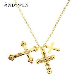 ANDYWEN invierno 925 plata esterlina oro tres cruces colgante encanto collar de cadena larga joyería fina de moda regalo 231229