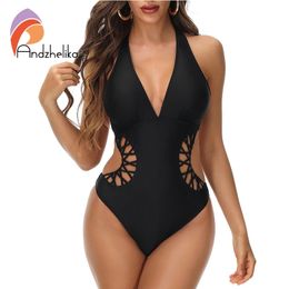 Andzhelika Black Swimsuit Womens Halter Sexy Halter Swimwear Monokini Traje de baño Femenino Bodysuit de natación 240409