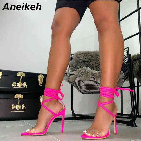 Aneikeh 2019 nouveauté PU Transparent mince sandales à talons hauts femmes bout pointu femmes chaussures été mariage rouge vert danse à lacets J2023