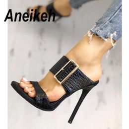 Aneikeh 2020 moda Sexy gladiador verano PU mujeres sandalias finas tacones altos sandalias Slip-On Opinted Toe vestido negro tamaño 35-40