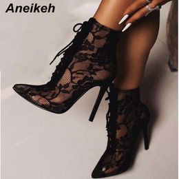 Aneikeh, botas negras de malla para mujer, moda, punta estrecha, con cordones, tacones altos, botines transparentes para mujer, sandalias femeninas, zapatos de tacón, vestido Y0905