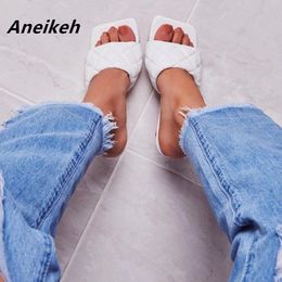 Aneikeh krokodil patroon PU vierkante hoofd peep toe 8 cm hoge hak slippers zomer mode slip op dunne hakken glijdt damesmuil