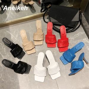 Aneikeh nouveau 2020 mode tête carrée surface tissée femmes sandales Peep Toe talons hauts sandales dame pantoufles chaussures de fête 35-39