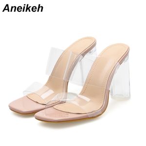 Aneikeh Nouveau PVC Transparent Pantoufles À Bout Ouvert Perspex Talon Femmes À Talons Hauts Cristal Chaussures Pour Femmes Pantoufles Transparentes Taille 35-42 210310