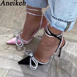 Aneikeh PVC Style Glitter Rhinestons Mujeres Bombas Cristal Bowknot Satin Lady Heels High Party Zapatos 2024 Spring Size 35-42 240321