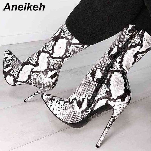 Aneikeh printemps mode nouveau motif Python Pu mi-mollet femmes bottes 11 cm talons fins bout pointu fermeture éclair Sexy pompes de fête 220421