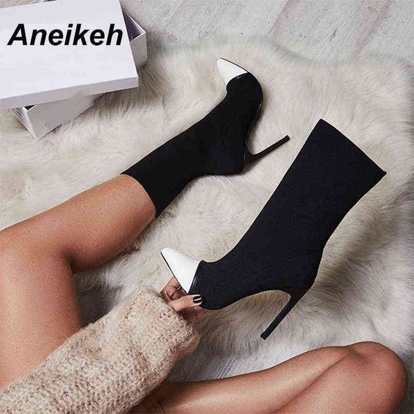 Aneikeh Spring Stretch Fabric Slip on Botas Chelsea maduras Zapatos de mujer Costura Tacones finos Media pantorrilla Punta estrecha Negro Tamaño 35 42 220421