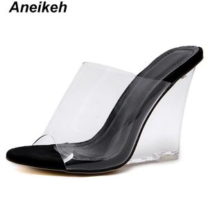 Aneikeh Verano Nueva Moda PVC Cuñas Transparentes Zapatillas Open Toe Perspex Mujeres Tacón Alto Crystal Zapatos de Mujer Negro Y200423