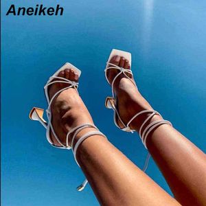 Aneikeh été femme chaussures sandales basique Pu mode talons aiguilles à lacets pompes de fête taille 35-42 noir blanc abricot Y220211