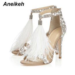 Aneikeh Sandalias de mujer Bombas Verano Marca Piel Rhinestone Pluma Tacón alto Zapatos de boda blancos Albaricoque 0227