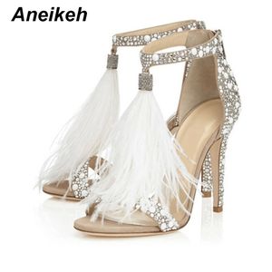 Aneikeh femmes sandales pompes été marque fourrure strass plume talon haut blanc chaussures de mariage abricot 0227