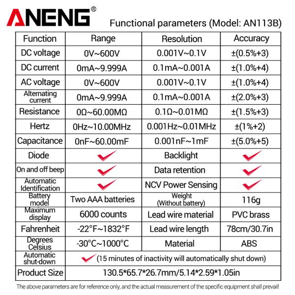 ANENN AN113B Multimètre numérique Vrai RMS avec Tester de température 6000 Compte le transistor AC / CC ACT.