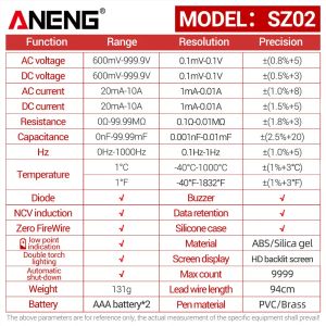 ANEG SZ01/SZ02 DIODE TESTER Professionele digitale multimeter True RMS Smart AC/DC Current Voltage Auto Range Multimetr -tools