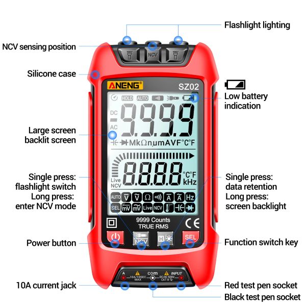 Aneng SZ02 Smart Digital Multimeter Range Auto Range Universal Meder Amímetro portátil con frecuencia de luz de fondo de luz