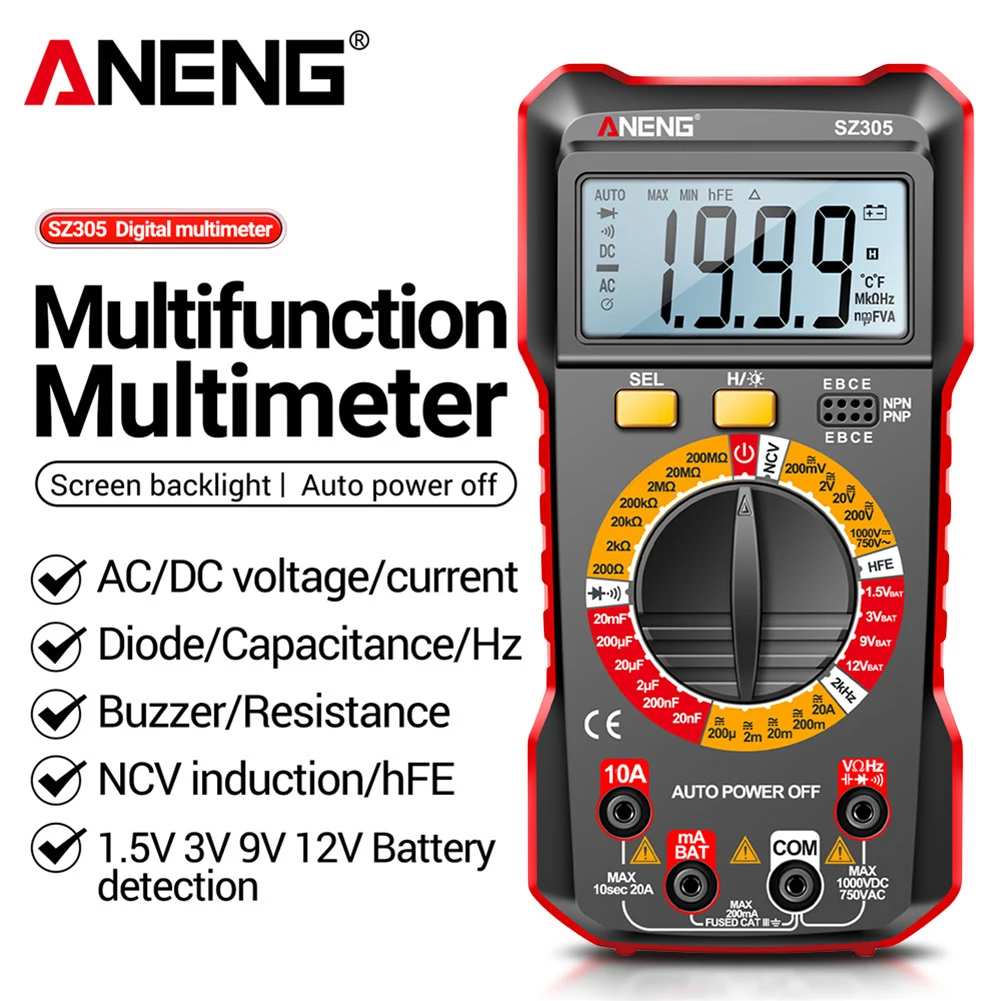 ANENG SZ305 1999 수 전문 멀티 미터 AC/DC 전압 테스터 전류계 커패시터 HFE Triode HZ Detector Electrician Tools