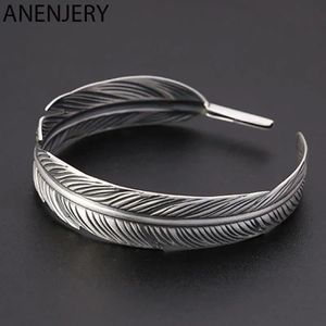 ANENJERY couleur argent plume large manchette Bracelets Bracelets pour femmes hommes personnalité Vintage Thai argent bijoux 240313