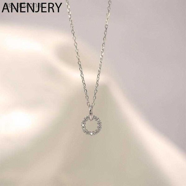 ANENJERY, collar con colgante de doble círculo de circón brillante de Color plateado para mujer, accesorios de cadena de clavícula Simple, regalo L230620