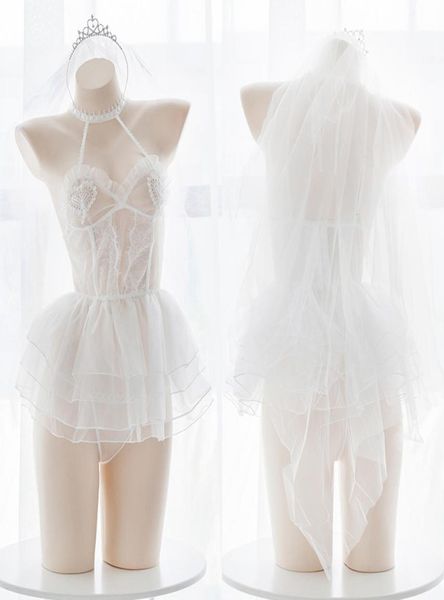 Conjunto de ropa interior transparente de encaje para niña de Ballet de Ángel, conjunto de Vestido corto de boda Sexy de Lolita, lencería de malla, ropa exótica 8830963