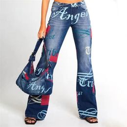 Angel Distressed Jeans Dames Lange Broek Brief Print Vintage Y2K Wide-Leg Broek Leisure Pantalones Low Rise Boyfriend Jeans 211105