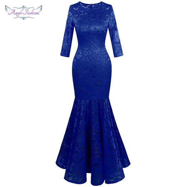 Angel-Fashions Women's Floral Lace 3/4 Mangas Ilusión Fiesta de baile Maxi Sirena Elegante Vestido de noche Royal Blue 416 LJ201123