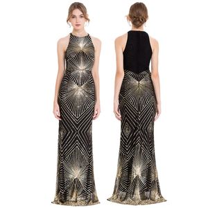 Angel-fashions vrouwen Gold Sequin Art Deco Kolom Sparkle Lange Avondjurk Prom Gown Party Jurken 402223U