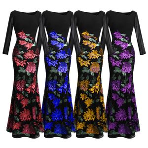 Angel-fashions vrouwen lange mouw roos patroon pailletten zwarte formele jurk avondjurken party prom toga 396345y