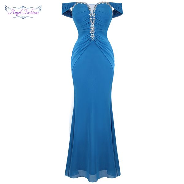 Angel-Fashions Vestido de fiesta para mujer Cuello de barco Rebordear Cristal Plisado Largo Mermiad Elegante Vestido de noche Azul 495 LJ201123