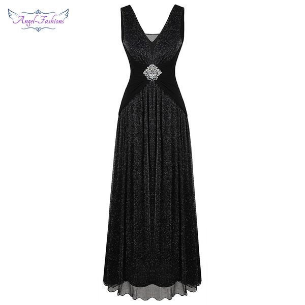 Angel-Fashions Vestido de noche con cuentas plisadas con cuello en V para mujer Vestido largo de fiesta formal de una línea Negro 486 LJ201119