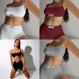 Angel Gothic Letter Broidery Streetwear Gyms Two Piece Set Mini Crop Top Camisole Sporty Biker Shorts Women Tracksuit