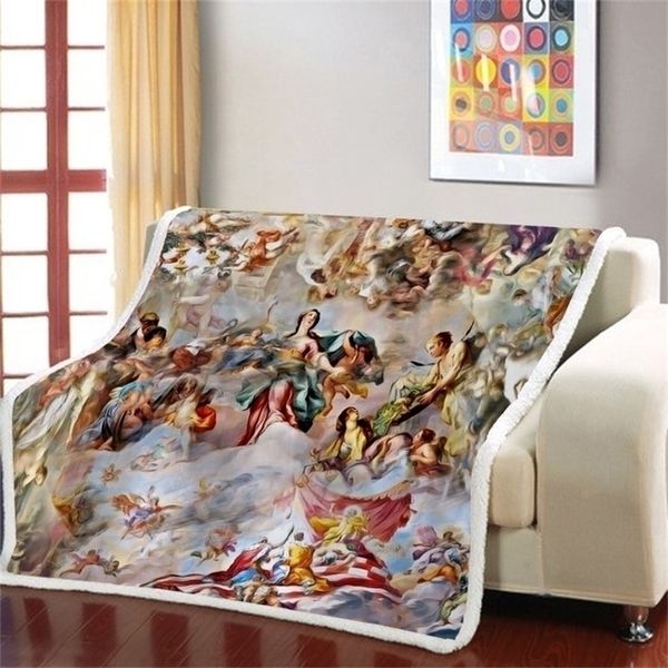 Ange Peinture à l'huile Couverture chaude Sherpa Fleece Throw Blanket Teens Filles Garçons Style Vintage Canapé Voyage Couverture Cadeau pour Enfants 201111