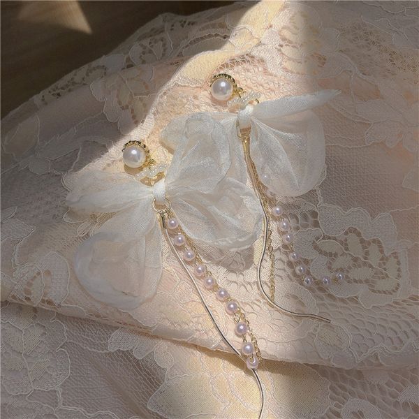 Boucles d'oreilles ange blanc avec nœud papillon, longues perles, pompon, pendentif d'oreille pour femmes, Design Vintage, Style coréen, boucles d'oreilles de luxe, charme Simple, cadeau, accessoires d'oreille
