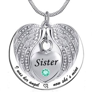 Angel Wing Memorial Keepsake Ashes Urn Hanger Birthstone Crystal Necklace, ik was zijn hoek, nu is hij van mij - voor zus