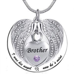 Angel Wing Memorial Keepsake Ashes Urn Hanger Birthstone Crystal Necklace, ik was zijn hoek, nu is hij van mij - voor broer