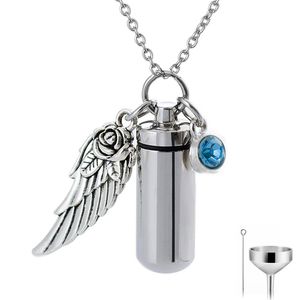 Angel Wing Memorial Urn Ketting Zilveren Cilinder Crematie Keepsake Hanger Birthstone Crystal Roestvrij staal Begrafenis Ash Medaillon