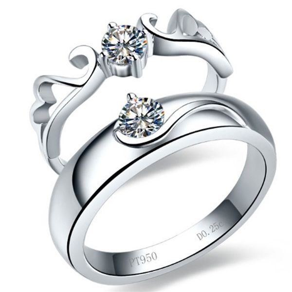Aile d'ange Solide 18K 750 Or Blanc Couple 0.25Ct + 0.25Ct Bagues de Mariage Amoureux de Diamants Son et Son Amour Promise Ring