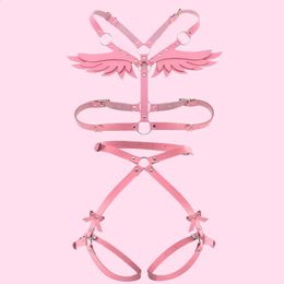 Angel Wings Harnais Femmes Ensemble Rose PU Cuir Jarretière Ceinture Gothique Jarretelles Corps Bondage Taille Cuisse Sangle Sexy Lingerie Cage 240312