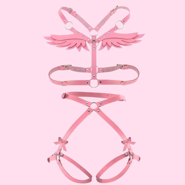 Angel Wings Harnais Femmes Ensemble Rose PU Cuir Jarretière Ceinture Gothique Jarretelles Corps Bondage Taille Cuisse Sangle Sexy Lingerie Cage 240117