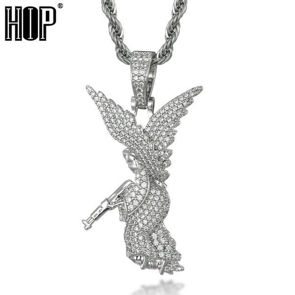 Ange Ailes Pendentif Glacé Cubique Zircone Or Ruban Couleur Cuivre Matériel Collier Pour Hommes Femmes Hip Hop Bijoux