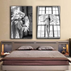 Modemodel Angel Wings Wall Art Canavs Prints Black and White Sexy Lady Painting Hot Girl Photography Poster Foto's voor slaapkamerdecoratie