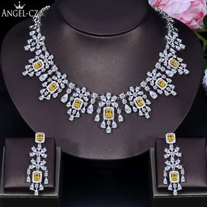 ANGELCZ exclusif Dubai ensemble de bijoux de mariée pour femmes jaune cubique zircone gland carré goutte collier boucles d'oreilles AJ199 240311