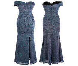 Robe de soirée plissée Angelfashions sur l'épaule longue sirène Slit Femmes formelles 039 Robe de fête Homecoming Blue 4434858290