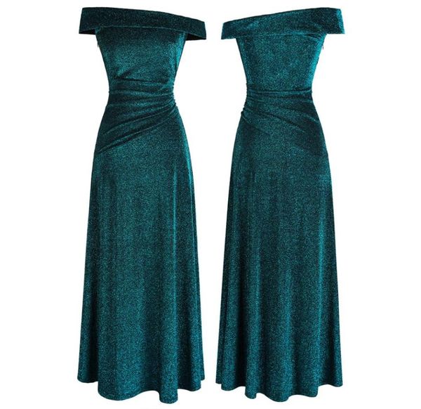 Angelfashions femmes épaules dénudées brillant soie froncé ALine longue élégante robe de soirée robe de bal fête vert 4668906770