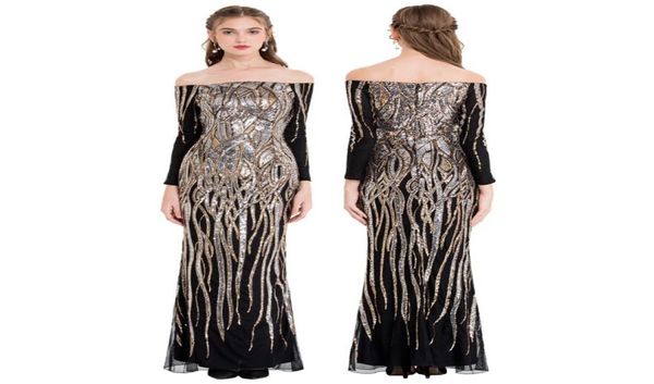 Angelfashions Women039s col bateau à manches longues paillettes robe de bal à clapet robe de soirée robes de bal noir or 40488277634512537