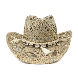 Angélica tejida a mano Western Cowboy Hat Grass salado Sombrero de paja Sun para mujeres Hombres de moda con el cinturón 240412