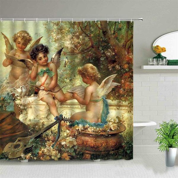 Angels in Heaven Rideau de douche Set Polyester Tissu Machine Lavable Fond imprimé Rideaux muraux pour salle de bain Home Decor 211116