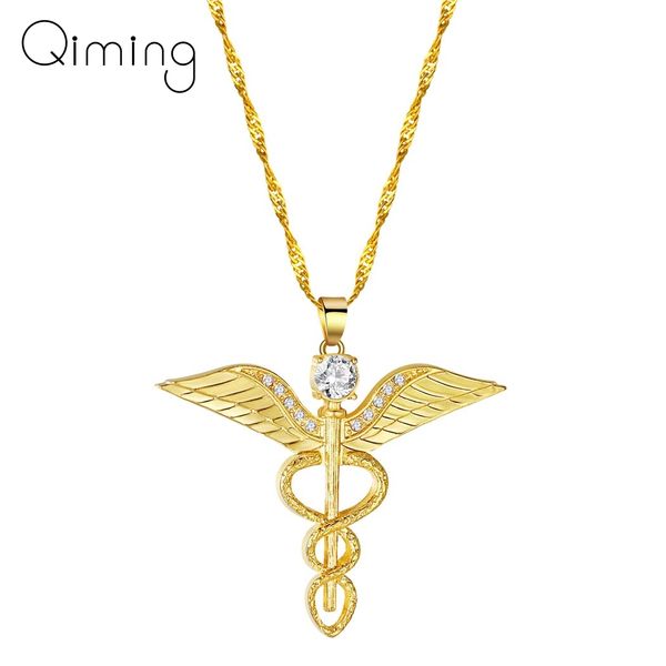 Collar de alas de ángeles para mujer, serpiente de moissanita, Ouroboros, varita mágica, caduceo, joyería médica de emergencia para médico y enfermera