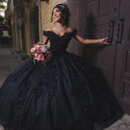 Angelsbridep Chic Black Quinceanera -jurken Corset Ball Jurk Beading 3D Flowers Appliqued Formal Prom verjaardagsjurken Princess