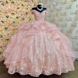 Angelsbridep glinsterende roze quinceanera-jurk off-shoulder feest prom jurk kant applique sweet 16 prinses vestidos de 15 anos 240323