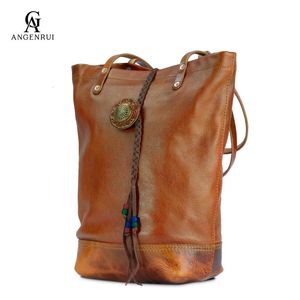 Anmengrui automne hiver en cuir authentique en cuir sac en cuir vintage cowhide cowhide fait à la main une épaule shopping 240329